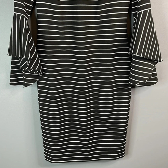 CALVIN KLEIN Striped Midi Dress Black White Ruffled Bell Sleeves Size 10 - Picture 4 of 12